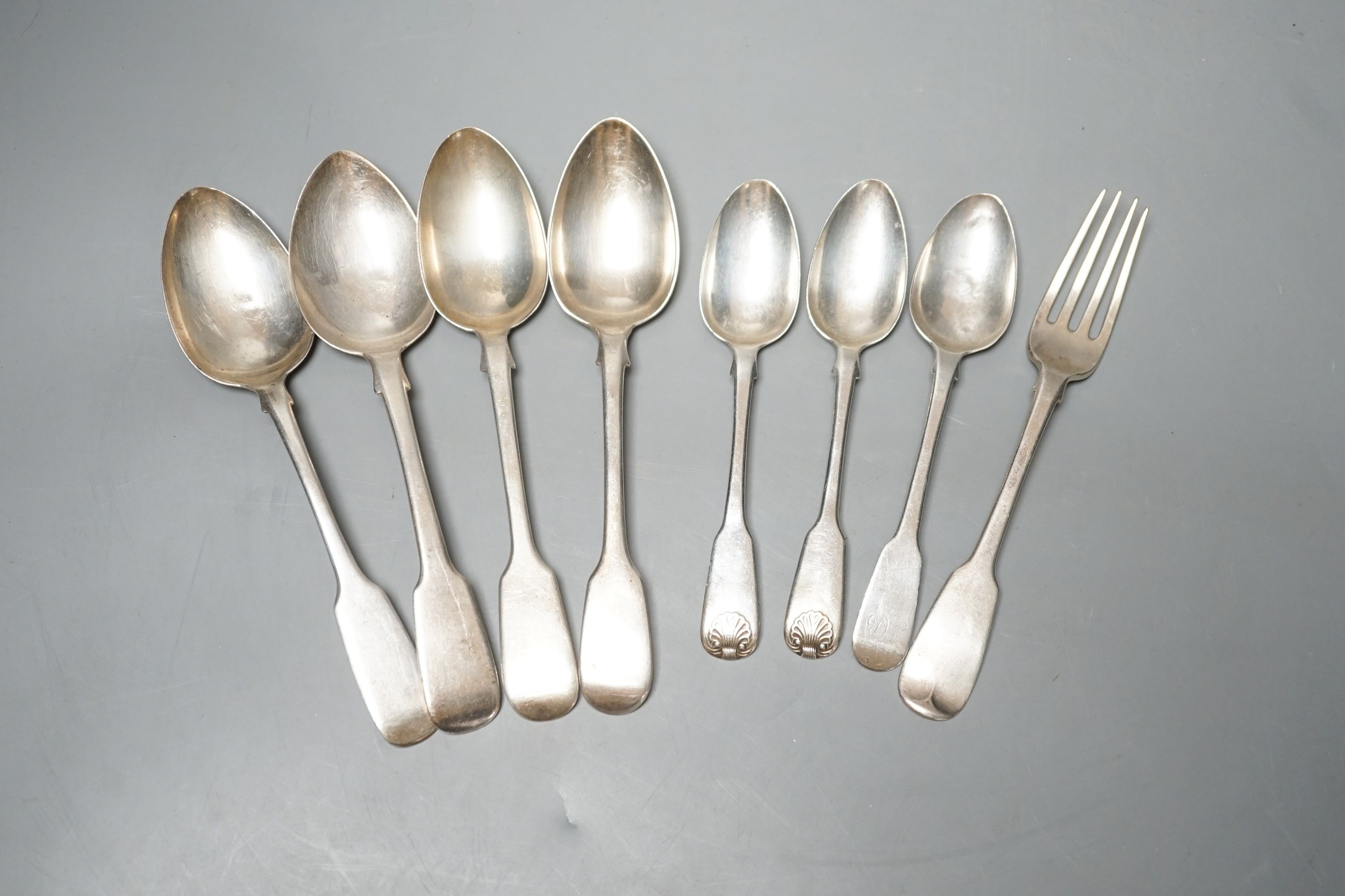 Eight assorted items of 19th century silver flatware, various, patterns, dates and makers, 8.5oz.